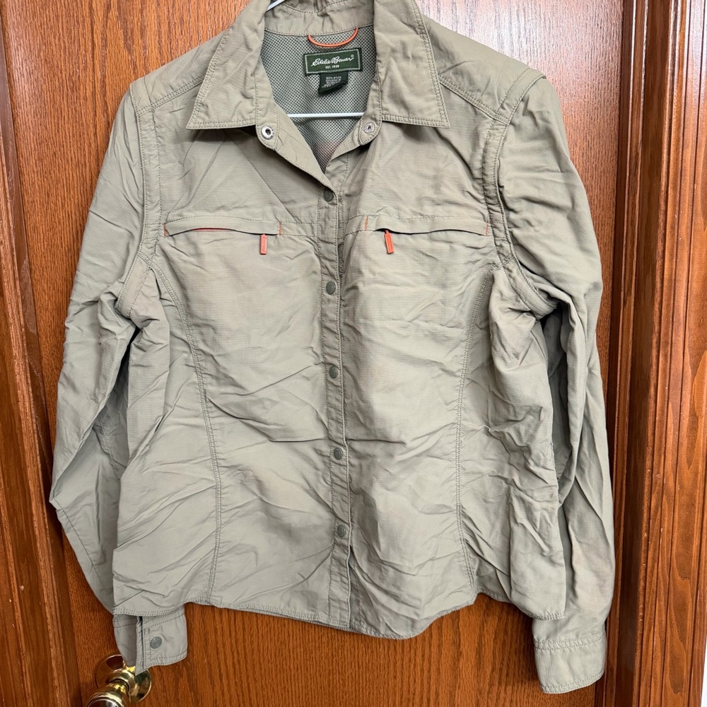 Eddie Bauer Women's Light Olive Nylon Snap Front Hiking Shirt